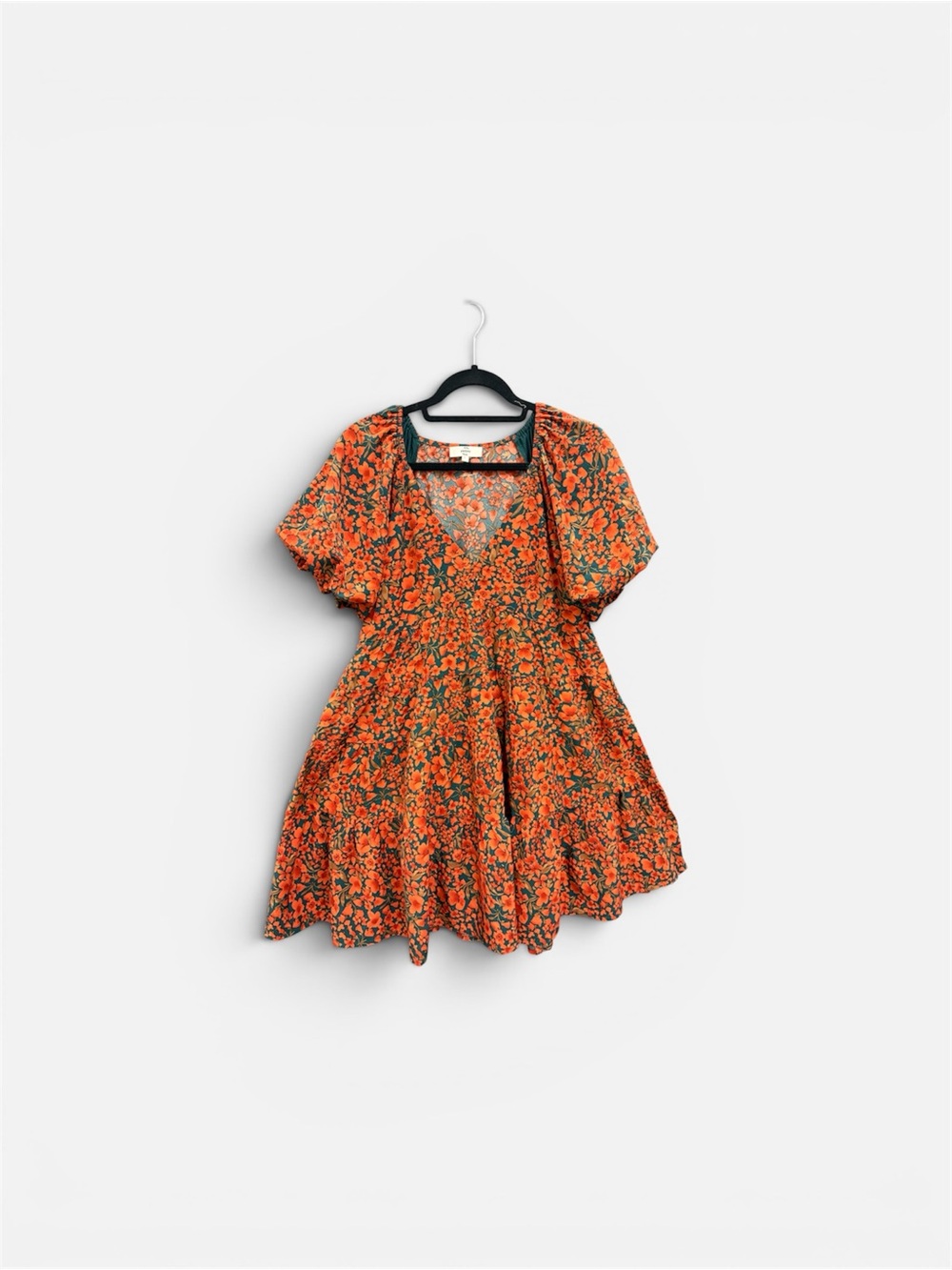 entro Orange Floral V-Neck Puff Sleeve Mini Dress